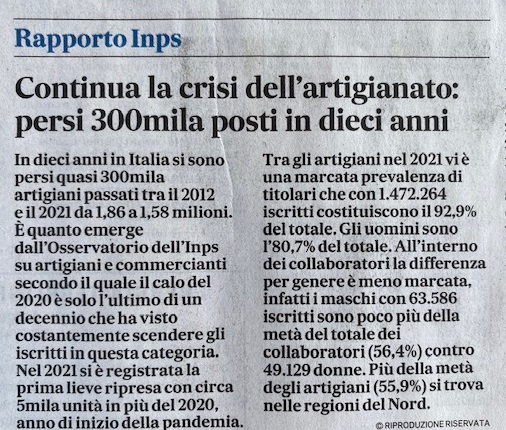 RAPPORTO INPS SULL’ARTIGIANATO – PUBBLICATO SU IL MESSAGGERO